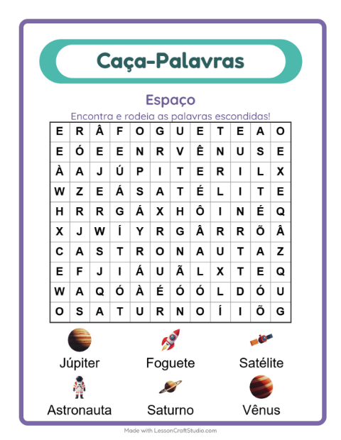Pré-visualização da ficha de Caça-palavras com Espaço para 1º ano do ensino fundamental