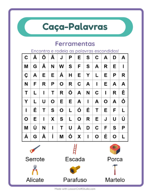 Pré-visualização da ficha de Caça-palavras com Ferramentas para 1º ano do ensino fundamental
