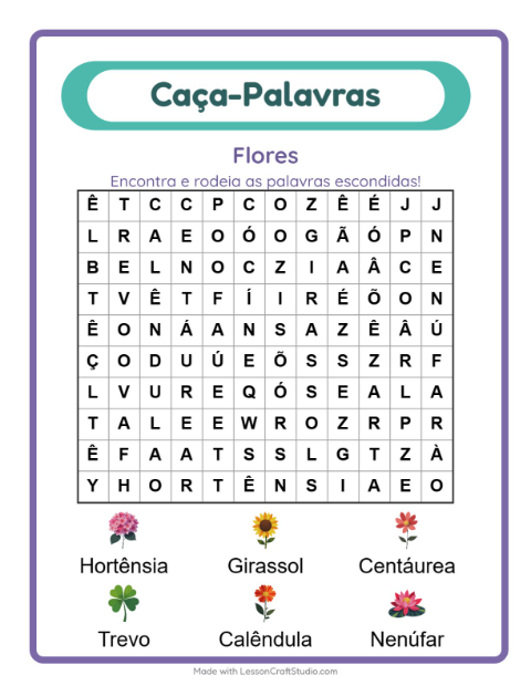 Pré-visualização da ficha de Caça-palavras com Flores para 1º ano do ensino fundamental
