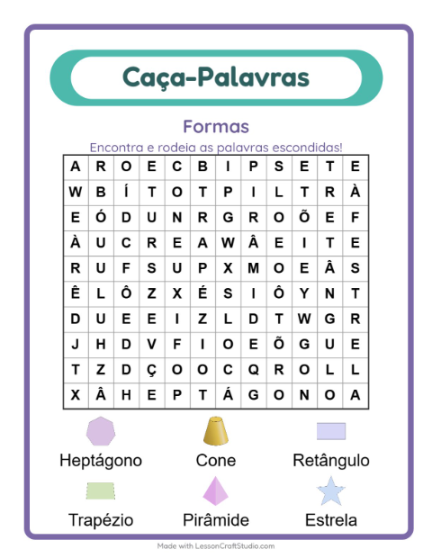 Pré-visualização da ficha de Caça-palavras com Formas para 1º ano do ensino fundamental