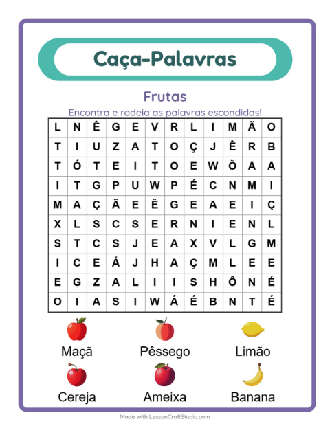 Pré-visualização da ficha de Caça-palavras com Frutas para 1º ano do ensino fundamental