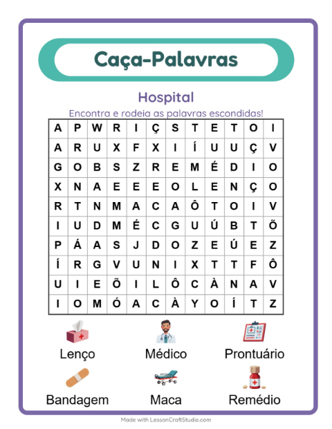 Pré-visualização da ficha de Caça-palavras com Hospital para 1º ano do ensino fundamental