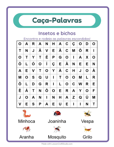 Pré-visualização da ficha de Caça-palavras com Insetos e bichos para 1º ano do ensino fundamental