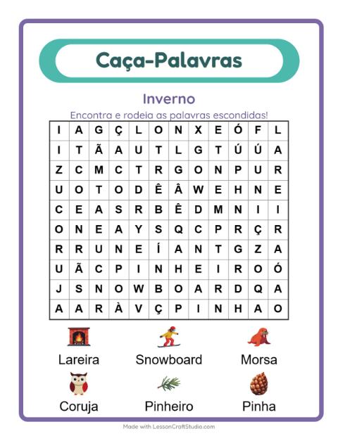 Pré-visualização da ficha de Caça-palavras com Inverno para 1º ano do ensino fundamental