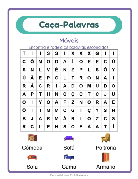 Pré-visualização da ficha de Caça-palavras com Móveis para 1º ano do ensino fundamental