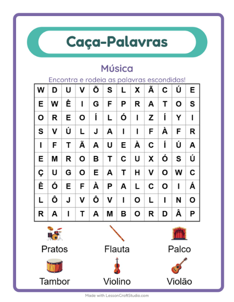 Pré-visualização da ficha de Caça-palavras com Música para 1º ano do ensino fundamental