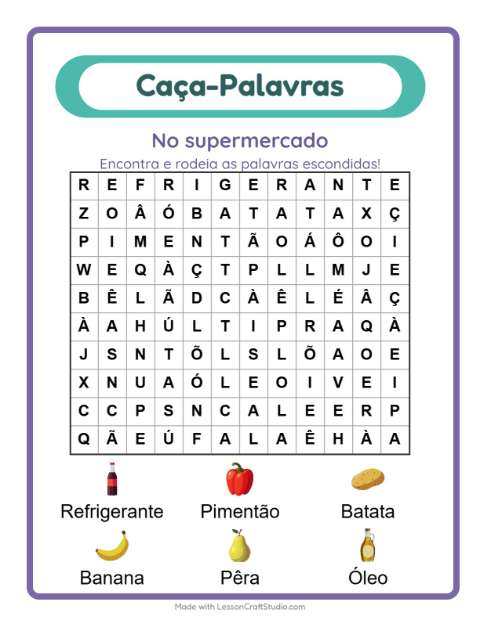 Pré-visualização da ficha de Caça-palavras com No supermercado para 1º ano do ensino fundamental