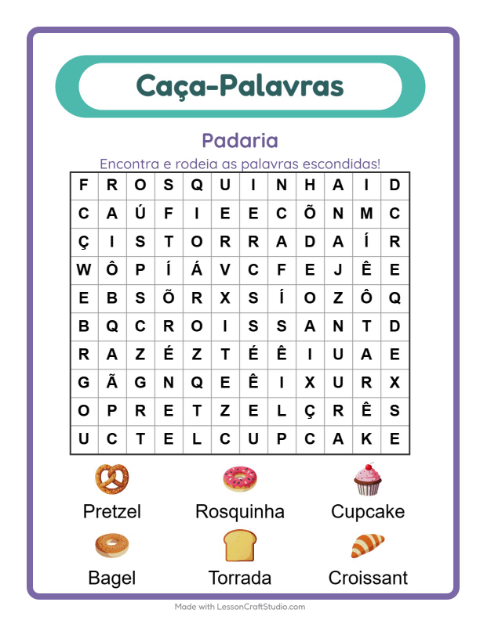 Pré-visualização da ficha de Caça-palavras com Padaria para 1º ano do ensino fundamental