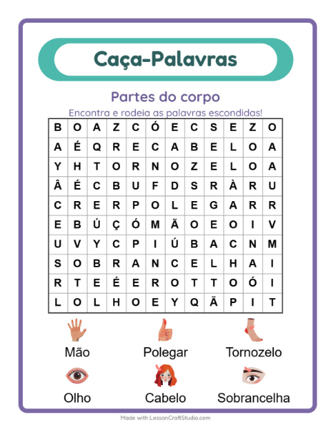 Pré-visualização da ficha de Caça-palavras com Partes do corpo para 1º ano do ensino fundamental