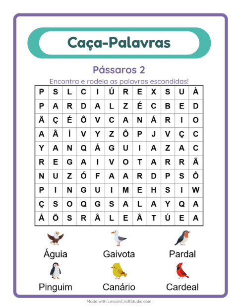 Pré-visualização da ficha de Caça-palavras com Pássaros 2 para 1º ano do ensino fundamental