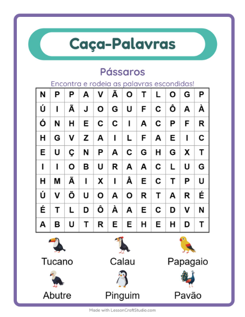 Pré-visualização da ficha de Caça-palavras com Pássaros para 1º ano do ensino fundamental
