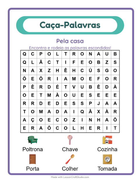 Pré-visualização da ficha de Caça-palavras com Pela casa para 1º ano do ensino fundamental
