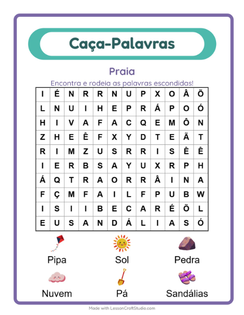 Pré-visualização da ficha de Caça-palavras com Praia para 1º ano do ensino fundamental