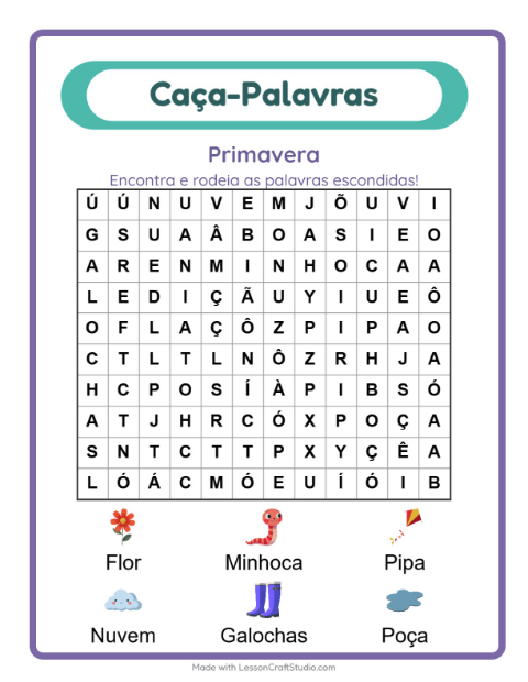 Pré-visualização da ficha de Caça-palavras com Primavera para 1º ano do ensino fundamental
