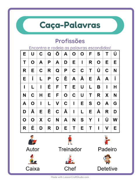 Pré-visualização da ficha de Caça-palavras com Profissões para 1º ano do ensino fundamental