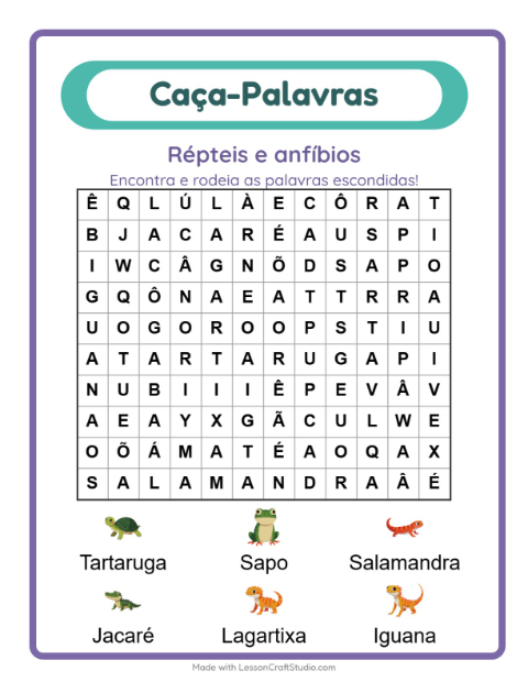 Pré-visualização da ficha de Caça-palavras com Répteis e anfíbios para 1º ano do ensino fundamental