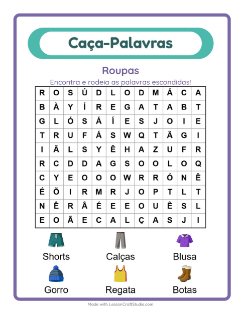 Pré-visualização da ficha de Caça-palavras com Roupas para 1º ano do ensino fundamental