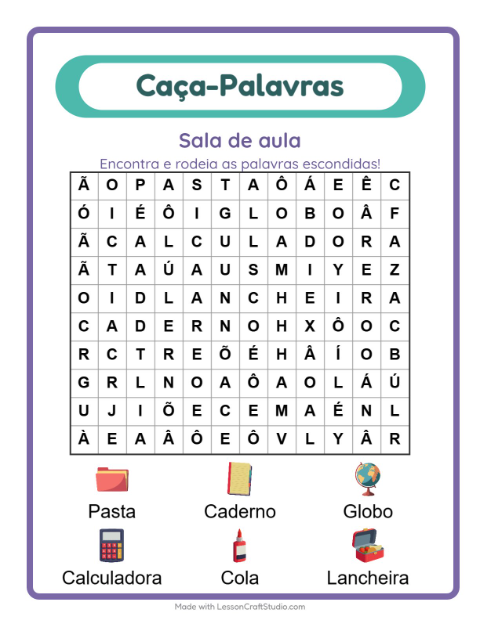 Pré-visualização da ficha de Caça-palavras com Sala de aula para 1º ano do ensino fundamental