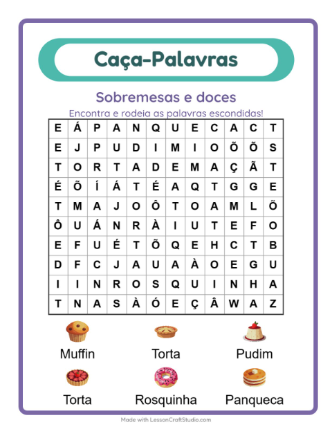 Pré-visualização da ficha de Caça-palavras com Sobremesas e doces para 1º ano do ensino fundamental