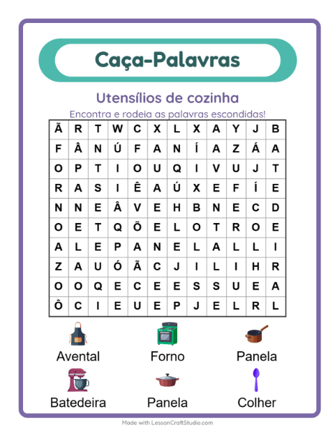 Pré-visualização da ficha de Caça-palavras com Utensílios de cozinha para 1º ano do ensino fundamental