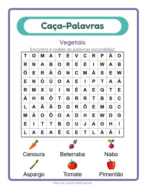 Pré-visualização da ficha de Caça-palavras com Vegetais para 1º ano do ensino fundamental