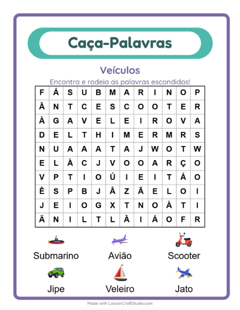 Pré-visualização da ficha de Caça-palavras com Veículos para 1º ano do ensino fundamental