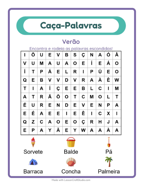 Pré-visualização da ficha de Caça-palavras com Verão para 1º ano do ensino fundamental