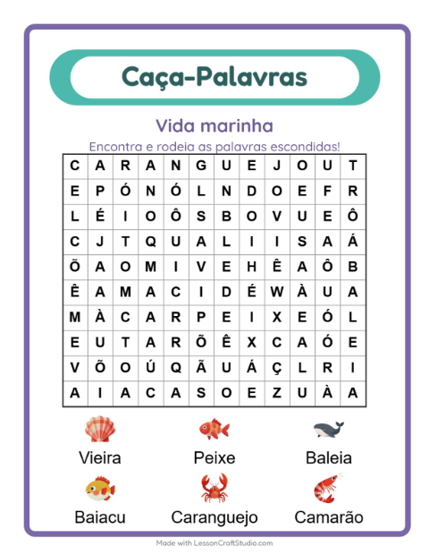 Pré-visualização da ficha de Caça-palavras com Vida marinha para 1º ano do ensino fundamental