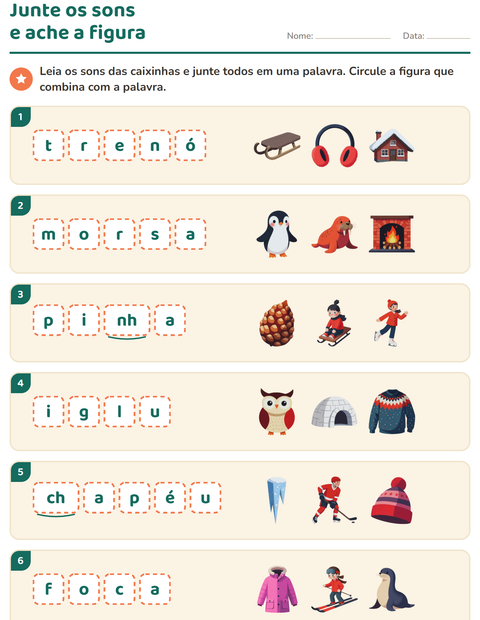 Pré-visualização da ficha de Caixinhas de sons com Inverno para 1º ano do ensino fundamental