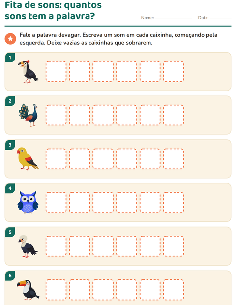 Pré-visualização da ficha de Caixinhas de sons com Pássaros para 1º ano do ensino fundamental