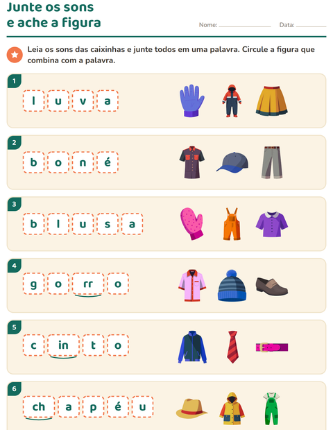 Pré-visualização da ficha de Caixinhas de sons com Roupas para 1º ano do ensino fundamental