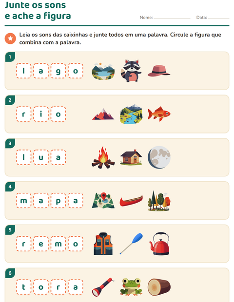 Pré-visualização da ficha de Caixinhas de sons com Acampamento para 1º ano do ensino fundamental