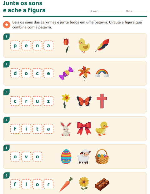 Pré-visualização da ficha de Caixinhas de sons com Páscoa para 1º ano do ensino fundamental