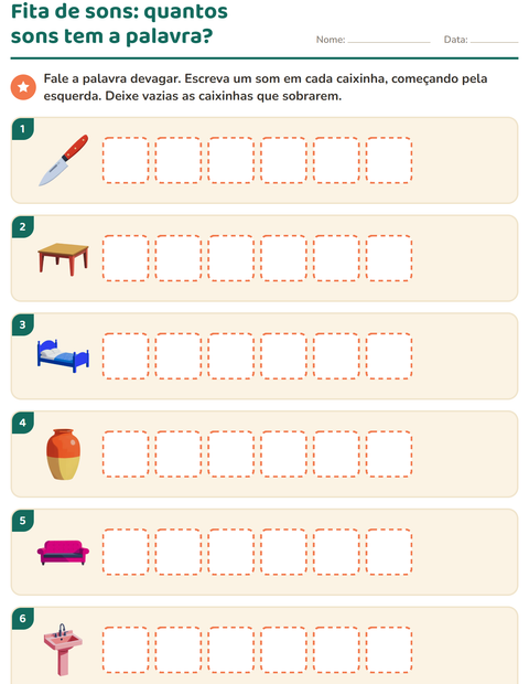 Pré-visualização da ficha de Caixinhas de sons com Pela casa para 1º ano do ensino fundamental