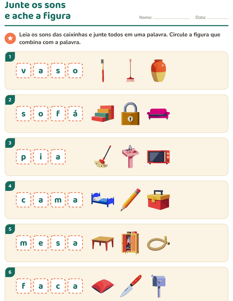 Pré-visualização da ficha de Caixinhas de sons com Pela casa para 1º ano do ensino fundamental