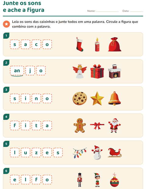 Pré-visualização da ficha de Caixinhas de sons com Natal para 1º ano do ensino fundamental