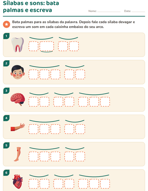 Pré-visualização da ficha de Caixinhas de sons com Partes do corpo para 1º ano do ensino fundamental