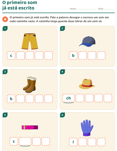 Caixinhas de sons com o primeiro som escrito: complete a palavra