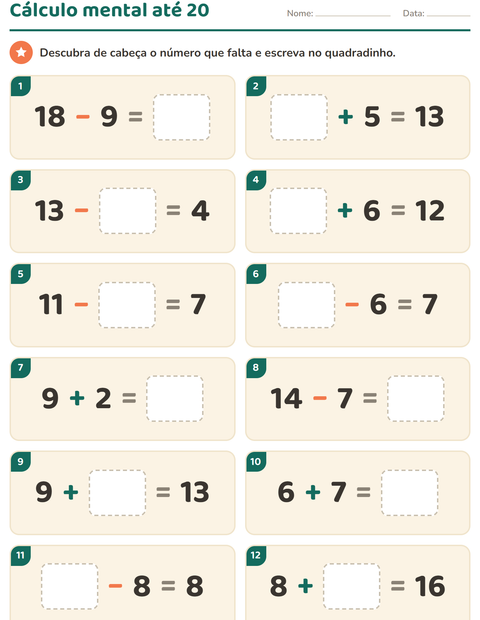 Pré-visualização da ficha de Cálculo mental para 1º ano do ensino fundamental