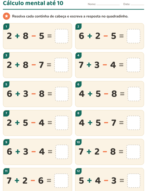 Pré-visualização da ficha de Cálculo mental para 1º ano do ensino fundamental