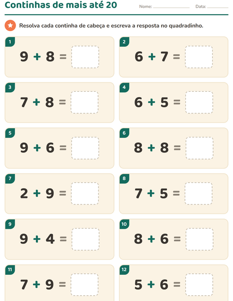 Pré-visualização da ficha de Cálculo mental para 1º ano do ensino fundamental