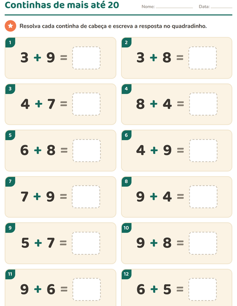 Pré-visualização da ficha de Cálculo mental para 1º ano do ensino fundamental