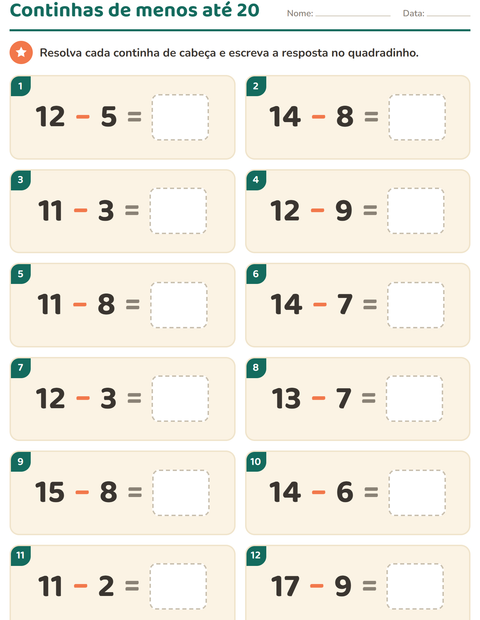 Pré-visualização da ficha de Cálculo mental para 1º ano do ensino fundamental