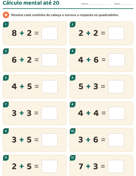 Pré-visualização da ficha de Cálculo mental para 1º ano do ensino fundamental