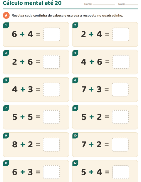 Pré-visualização da ficha de Cálculo mental para 1º ano do ensino fundamental