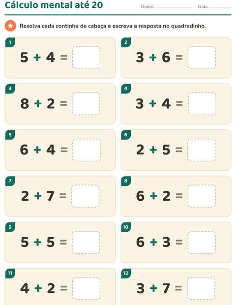 Pré-visualização da ficha de Cálculo mental para 1º ano do ensino fundamental