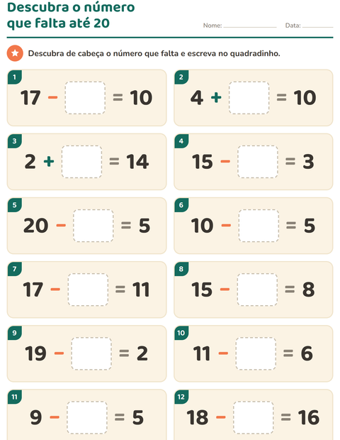 Pré-visualização da ficha de Cálculo mental para 1º ano do ensino fundamental