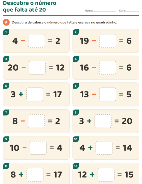 Pré-visualização da ficha de Cálculo mental para 1º ano do ensino fundamental