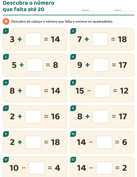 Pré-visualização da ficha de Cálculo mental para 1º ano do ensino fundamental