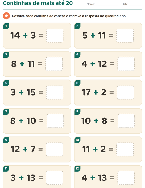 Pré-visualização da ficha de Cálculo mental para 1º ano do ensino fundamental
